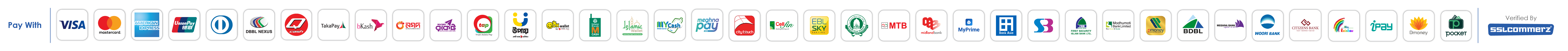 Accepted payment methods — Visa, Mastercard, bKash, Nagad, and more, verified by SSLCommerz
